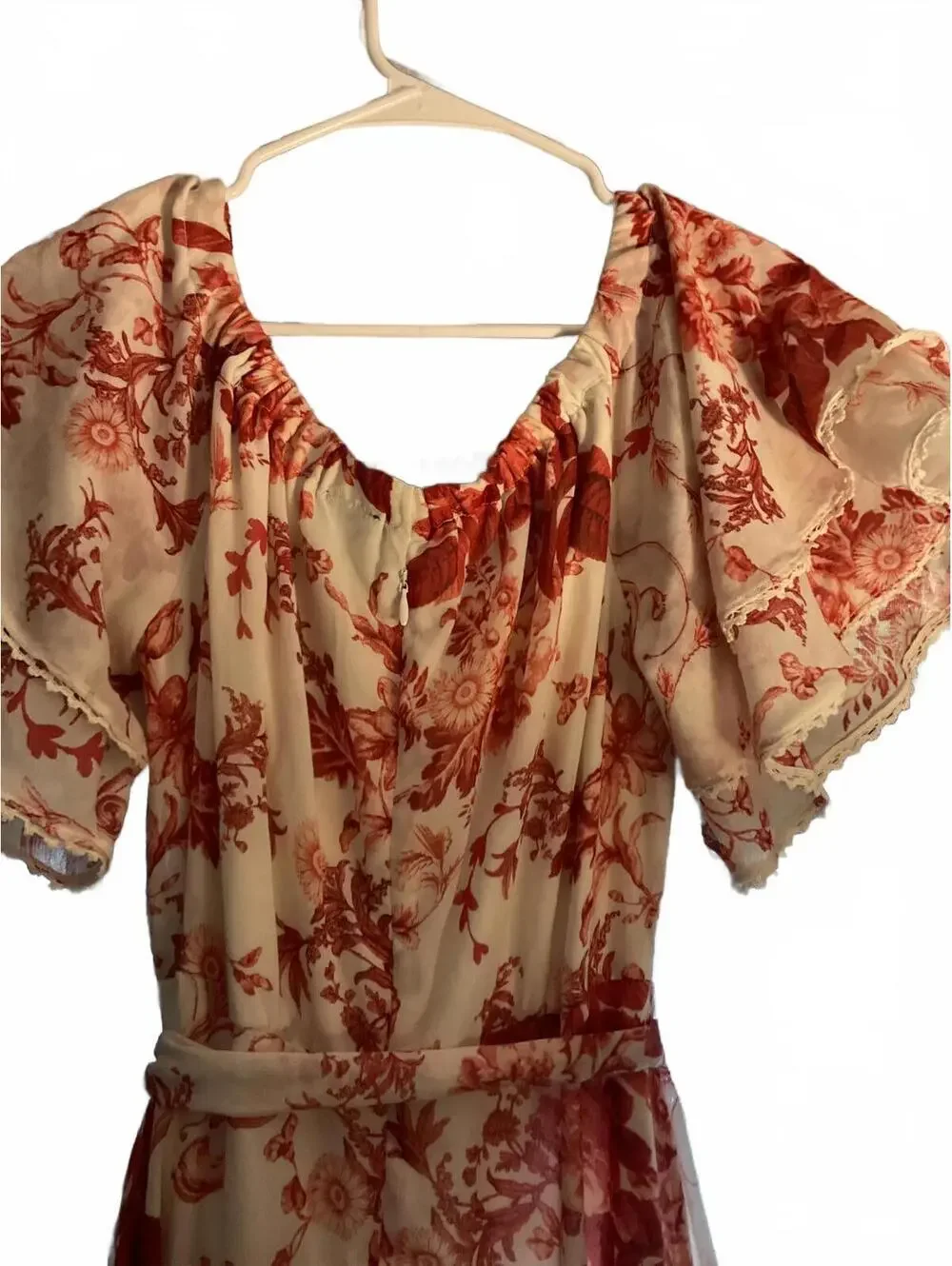 Gabby Skye White and Pink Floral Midi Dress with Ruffled Hem Size 10 - Picture 12 of 12